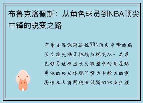 布鲁克洛佩斯：从角色球员到NBA顶尖中锋的蜕变之路